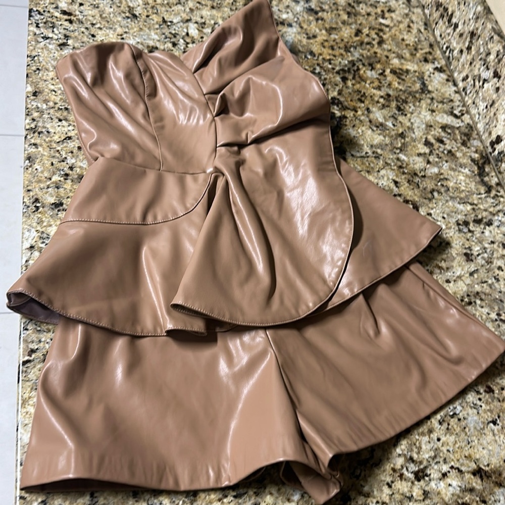 Do+be small faux leather strapless romper tan color